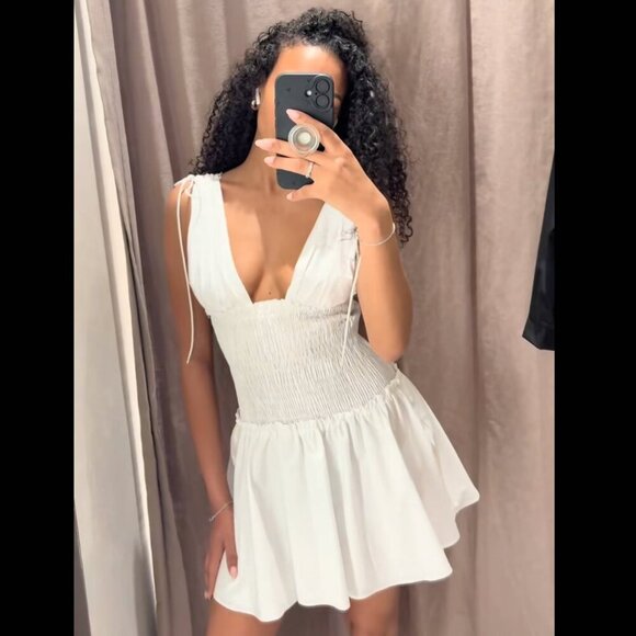 Zara Poplin Cinched Smock Mini Dress NWT White Size XL - Picture 6 of 11